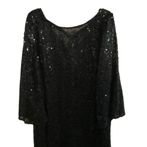 Roaman's Black Sequin Dress with Bell Sleeves and Tie Neck - Great Condition!